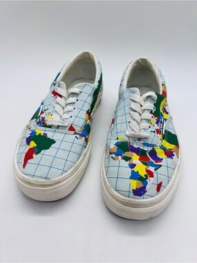 Vans White Canvas Sneakers with Multicolor World Map Print